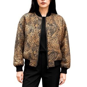 Vintage Marguerite Li 100% Silk Leopard Print Women's Bomber Jacket Size Large
